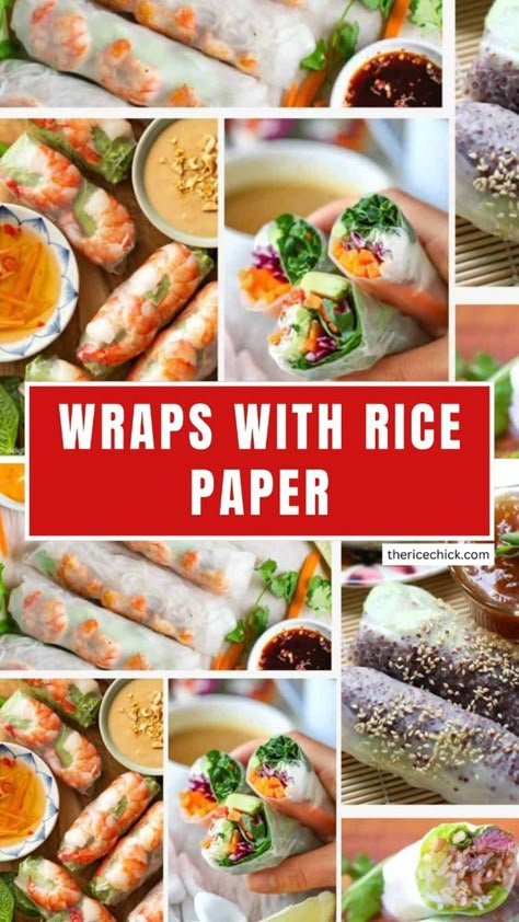 Create these versatile and easy wraps with rice paper for a light and healthy meal option! Whether you're using fresh veggies, chicken, or tofu, these rice paper wraps are perfect for summer rolls or any light meal. Discover delicious rice paper recipes that are simple, healthy, and customizable! Rice Paper Rolls With Chicken, Rice Paper Wraps Chicken, Bang Bang Chicken Rice Paper Roll, Asian Wraps Rice Paper, Paper Rice Recipes, Rice Roll Wraps, Healthy Rice Paper Recipes, Healthy Rice Paper Rolls, Easy Rice Paper Recipes