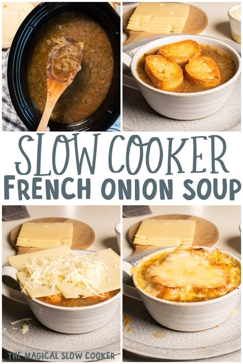 Make Slow Cooker French Onion Soup in your slow cooker. It has a rich buttery onion broth that is great with homemade croutons and cheese broiled on top. - The Magical Slow Cooker Onion Soup Recipe Slow Cooker, Onion Soup Crockpot, Crock Pot French Onion Soup, French Onion Soup Recipe Slow Cooker, Onion Soup Easy, Soup Recipe Slow Cooker, Slow Cooker French Onion Soup, Crockpot French Onion Soup, Magical Slow Cooker