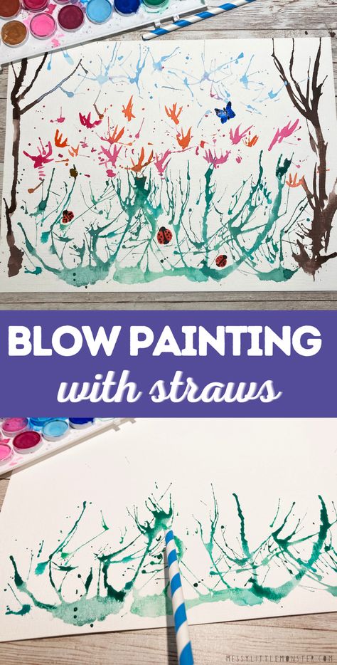 Blow Painting with Straws Straw Blow Paint Art, Straw Blow Painting, Blow Painting With Straws Ideas, Straw Painting Ideas, Paint Blowing With A Straw, Blow Art Painting, Straw Painting For Kids, Straw Blowing Art, Flower Painting For Kids