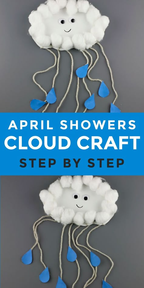 An easy paper plate cloud craft to make with kids for a spring day. This spring craft comes with easy step by step instructions. Use a paper plate, cotton balls, yarn and paper to make a simple spring craft for preschoolers, kindergarteners and elementary school aged kids. If you are a teacher you will love making this craft in the classroom for a spring bulletin board or April showers bring May flowers. April Showers Craft, Spring Arts And Crafts, Spring Crafts Preschool, Prek Crafts, Weather Crafts, Craft For Preschoolers, April Crafts, Cloud Craft, Spring Bulletin