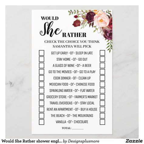 Would She Rather shower english spanish game Small Bridal Shower Ideas, Bridal Shower Dinner, Marsala Flowers, Bridal Party Games, Spanish Games, Would She Rather, Bridal Games, Wedding Shower Games, Flower Shower