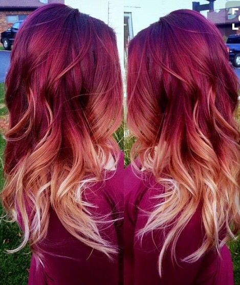 Purple hue and deep red...then fade to the peachy pink / blonde Red Blonde Ombre Hair, Red And Blonde, Red Ombre Hair, Ombre Hair Blonde, Red To Blonde, Ombré Hair, Ombre Hair Color, Hair Color And Cut, Red Hair Color