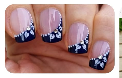 Dark Blue Nails With Flowers, Blue French Nail Designs, Dark Blue French Nails, Side French Nails, Blue Flower Nail Designs, Blue Nails With Flowers, Fingernails Designs, Blue French Nails, Blue French Manicure