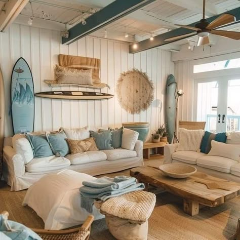 Country Coastal Home, Old Beach House Aesthetic, Beachy Living Room Coastal Style, Beachy Farmhouse Living Room, Beach House Interior Living Room, Coastal Farmhouse Living Room Ideas, Surf Interior Design, Beachy Interior Design, Bali Interior Design