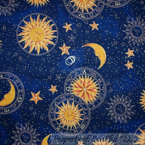 BonEful Fabric FQ Cotton Quilt Navy Blue Gold VTG Celestial Moon Star Sun Planet Ravenclaw Aesthetic, Celestial Art, Sun Moon Stars, British Library, Space And Astronomy, Moon And Stars, Moon Stars, Ravenclaw, Sun And Moon