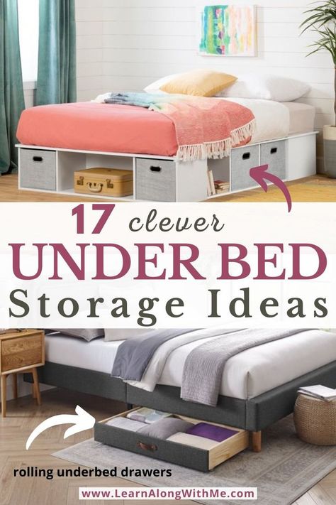 Organize your bedroom with one of these underbed storage ideas. All that space under your bed is wasted space: this is especially true if you have a small bedroom.  Using your underbed space for storage can help reduce visible clutter in your bedroom.  
You can store off-season clothes, extra bedding, books, toys, and more under your bed.  And what's great is that with one of these underbed storage ideas, your stuff is still easy to reach and get at. It isn't tucked away in a storage locker. Under Storage Bed Frame, Storage Ideas For Under The Bed, Underbed Clothing Storage, Basket Storage Under Bed, Best Underbed Storage, Drawers For Under The Bed, Platform Bed Storage Ideas, Visible Storage Ideas, Under Bed Clothes Storage Ideas