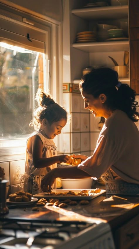 Family Baking Time: Sunlit kitchen scene with mother and daughter enjoying the warmth of baking together at home. #cooking #family #bonding #sunlight #kitchen #aiart #aiphoto #stockcake ⬇️ Download and 📝 Prompt 👉 https://ayr.app/l/eKNV Mommy And Me Baking Photoshoot, Mother Cooking, Mom Cooking Aesthetic, Family Cooking Together Photography, Kitchen Scene, Kid Cooking, Mommy And Daughter Photo Shoot, Family Vision Board, Mommy Daughter Dates