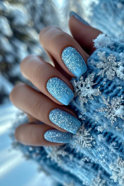 Ice Blue Nails Iced Blue Nails, Frozen Nails Acrylic, Frozen Theme Nails, Frost Blue Nails, Frosty Nail Designs, Nails 2024 Trends Winter, Frosty Blue Nails, Winter Nails 2024 Trends, Ice Nails Designs