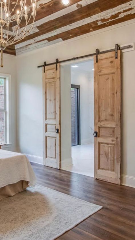 French Sliding Barn Doors, Extra Wide Hallway Ideas, Cottage Sliding Doors, Primary Bedroom Double Doors, Vintage Sliding Door, Double Barn Doors In The House, French Barn Doors Interior, Double Barn Doors Sliding, Wood Sliding Doors