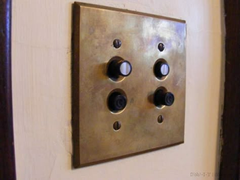 Add some character with vintage light switch covers and reproduction push button switches -- easier and cheaper than you think! (from dohiy.com) Brass Push Button Light Switch, Old Light Switch Vintage, Vintage Push Button Light Switch, Vintage Switches, Antique Light Switch, Push Button Light Switch, Button Light Switch, Switchplate Covers, Vintage Light Switches