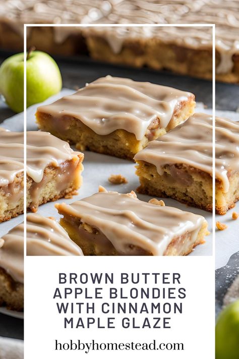 Brown Butter Apple Blondies with Cinnamon Maple Glaze Brown Butter Apple Blondies, Caramel Apple Blondies, Apple Blondies Recipe, Top Dessert Recipes, Brown Butter Glaze, Beginner Baking, Apple Blondies, Blondie Recipe, Baking Aesthetic