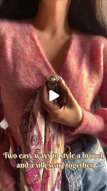 Zornitsa Ivova on Instagram: "Two easy ways to style a brooch and a silk scarf together 🤍 The scarf I'm using is in this tutorial a vintage J&J silk scarf and its size is 47x47cm. You can try these with a slightly bigger scarf as long as it's made of a lighter material. The brooch I'm using is a vintage piece but you can easily find similar models (if don't already have one in your jewelry box) Both ways look perfect with V-necks in my personal opinion, but you can try it with unbuttoned classic shirts, tees, etc.  If you like the ideas make sure to save this for your future inspo 🤍" Ways To Tie A Scarf, Tie A Scarf, Silk Scarf Style, Big Scarf, Scarf Style, February 15, Scarf Tying, Vintage Crafts, Scarf Styles