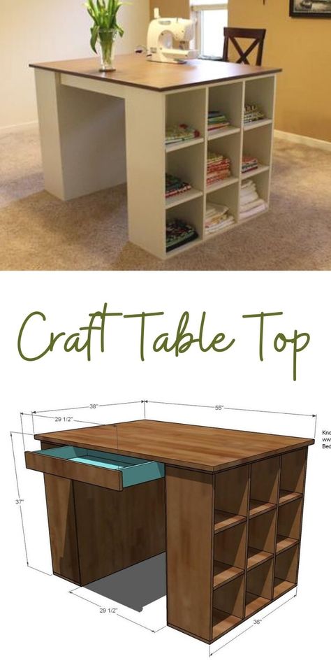 Later! Craft Table Top, Office Craft Room Combo, Craft Tables With Storage, Craft Room Tables, Craft Tables, Craft Table Diy, Sewing Room Inspiration, Project Table, Sewing Room Design