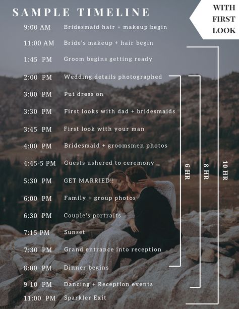 Wedding Photography Itinerary, 8 Hour Wedding Photography Timeline, Wedding Photography Schedule, Wedding Day Photography Timeline, Photographer Timeline Wedding, First Look Wedding Timeline, Wedding Day Timeline 5:30 Ceremony No First Look, Wedding Timeline With First Look, Wedding Day Timeline Without First Look