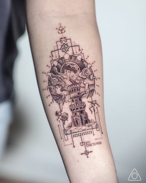 Tarot Card Tattoo Tower, The Tower Tarot Card Tattoo, Tarot Tower Tattoo, Tower Tarot Card Tattoo, World Tarot Card Tattoo, Fine Line Micro Realism Tattoo, Tarot Inspired Tattoos, The Tower Tarot Tattoo, Tower Tarot Tattoo