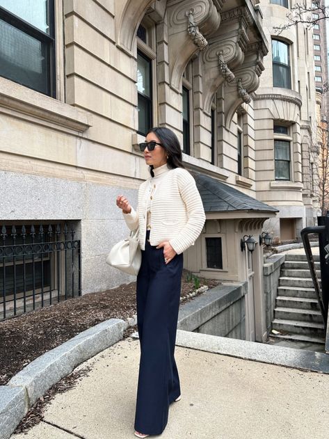 Spring Workwear: Ann Taylor Navy Petite Wide Leg Trousers Navy Blue Wide Pants Outfit, White Pants Wide Leg Outfit, Wide Leg Pants Business Outfit, Deep Blue Outfit, Dark Blue And White Outfit, Blue Trouser Outfit Women, Navy Wide Leg Trousers Outfit, Navy Wide Leg Pants Outfit, Style Navy Pants