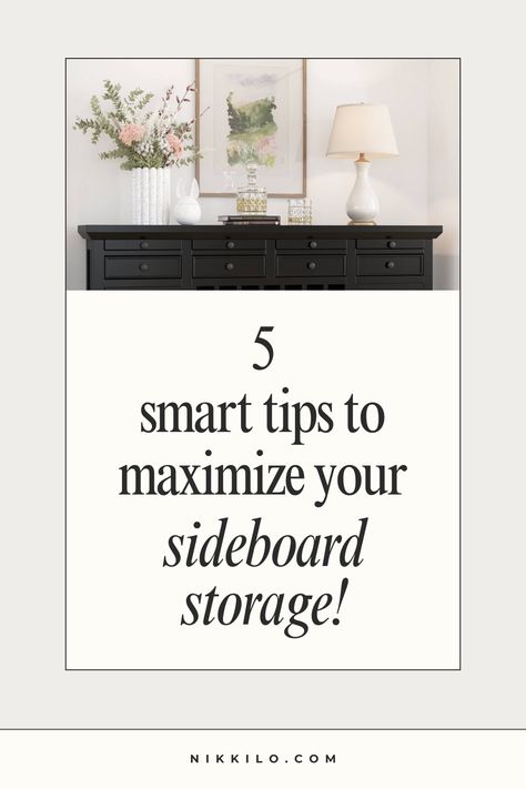 wood sideboard How To Dress A Sideboard, Sideboard Organization, Diy Sideboard, Buffet Stations, Home Organization Tips, Bar Essentials, Solid Wood Sideboard, Small Lamp, Drawer Dividers