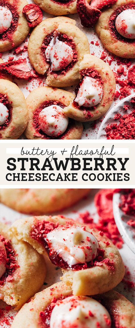 These super flavorful strawberry cheesecake cookies consist of a buttery and soft shortbread cookie, strawberry jam, and a dollop of cheesecake on top. They're a delicious strawberry cookie perfect for Spring! #strawberries #thumbprintcookies #strawberrycheesecake #strawberrycookies #butternutbakery | butternutbakeryblog.com Spring Strawberries, Cookie Strawberry, Special Cupcakes, Strawberry Cheesecake Cookies, Yummy Muffins, Butternut Bakery, Easy Strawberry Cheesecake, Everything Cookies, Strawberry Cookie