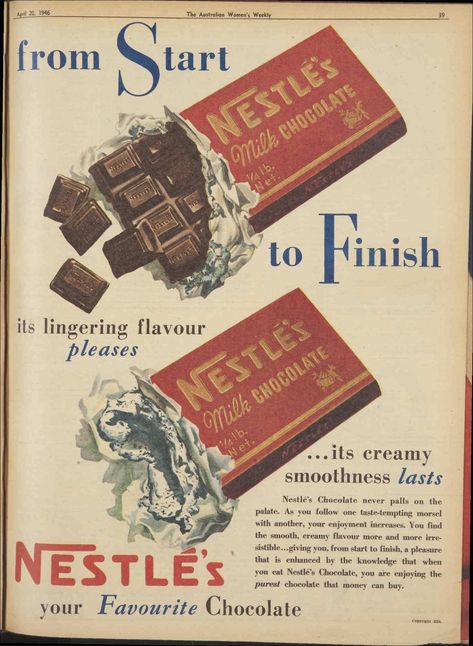 1946 advertisement for Nestlé's chocolate : Free Download, Borrow, and Streaming : Internet Archive Famous Chocolate Brands, Chocolate Advertisement, Chocolate Poster, Nestle Milk, George Stephenson, Nestle Chocolate, Vintage Chocolate, Vevey, Old Advertisements