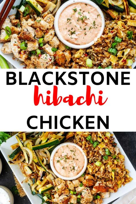 Get ready to bring the irresistible savory-sweet appeal of a Hibachi steakhouse right into your own kitchen with this Blackstone Hibachi Chicken recipe! With tender chicken and veggies, perfectly seasoned and seared to perfection on the powerful heat of a Blackstone flat-top griddle, it is a crave-worthy meal you will make again and again. I’ll show you how to recreate the whole Hibachi experience at home, complete with the fun of cooking outdoors. Japanese On Blackstone Griddle, Blackstone Grill Recipes Hibachi Chicken, Hibachi Grill Recipes, Blackstone Veggies, Blackstone Grill Recipes Hibachi, Blackstone Hibachi Chicken, Blackstone Hibachi Recipes, Hibachi Chicken Recipe, Blackstone Dinner