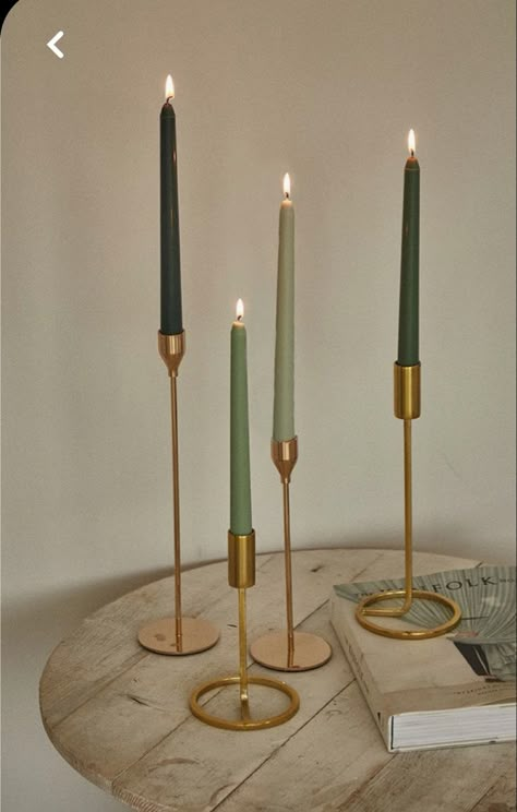 Green Candles Aesthetic, Green Candle Sticks, Gold Taper Candle Holders, Gold Taper Candles, Green Candle Holders, Sage Candle, Gold Candle Sticks, Gold Candle Holders, Burning Candles