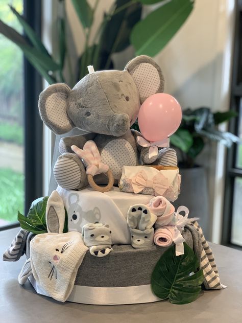 Nappy Hamper Ideas, Elephant Themed Baby Shower Ideas, Elephant Themed Party, Newborn Baby Gift Basket, Nappy Cake Ideas, Baby Shower Elephant Theme, Mini Stuffed Animals, Baby Nappy Cakes, Jungle Themed Party