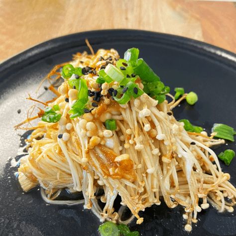 Air fried enoki mushrooms recipe : with miso sake sauce - Olive You So Matcha Mushroom Air Fryer, Enoki Mushroom Recipe, Enoki Mushrooms, Mushrooms Recipes, White Miso, Black Sesame Seeds, Chopped Garlic, Recipe Images, Perfect Side Dish