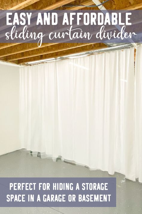 Curtains Unfinished Basement, Diy Wall Curtains, Curtains To Hide Garage Storage, Curtain Ideas To Hide Storage, How To Hang Curtains In Unfinished Basement, Hanging Curtains In Unfinished Basement, Drop Cloth Room Divider Basement, Hiding Basement Storage, How To Make A Divider Wall