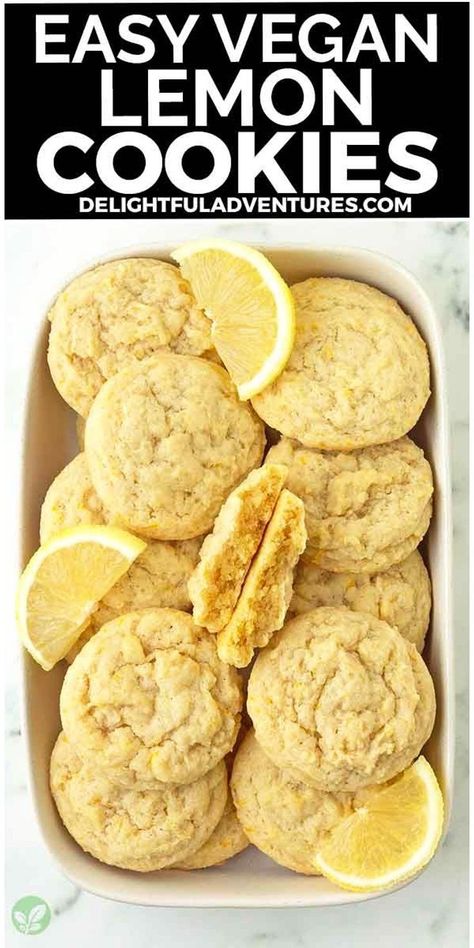 Indulge in these easy vegan lemon cookies—soft, chewy, sweet, and tangy, bursting with fresh lemon flavor, they're simply irresistible! They're quick to whip up, ready in under 30 minutes, and easily adaptable to a gluten-free version if necessary. Perfect for snacking or tucked into lunch boxes, these delectable lemon treats are perfect to add to your vegan baking list! Vegan Lemon Cookies Easy, Lemon Cookies Vegan, Vegan Easy Cookies, Non Dairy Baking Recipes, Quick Vegan Sweet Treats, Sweet Simple Vegan, Vegan Lemon Desserts Easy, Eggless Lemon Cookies, Vegan Biscuits Easy