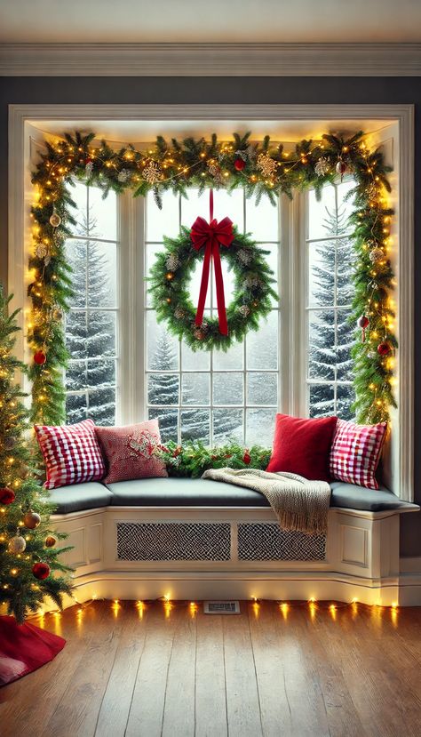 17+ Inspiring Bay Window Christmas Decor Ideas for a Festive Vibe 🌟 Bay Window Display Ideas, Christmas Tree Bay Window Ideas, Christmas Window Seat Decorations, Christmas Decor Ideas For Bay Window, Decorating A Bay Window For Christmas, Christmas Bay Window Decorations, Bay Window Decorating Ideas Living Room, Bay Window Christmas Decor Ideas, Christmas Bay Window