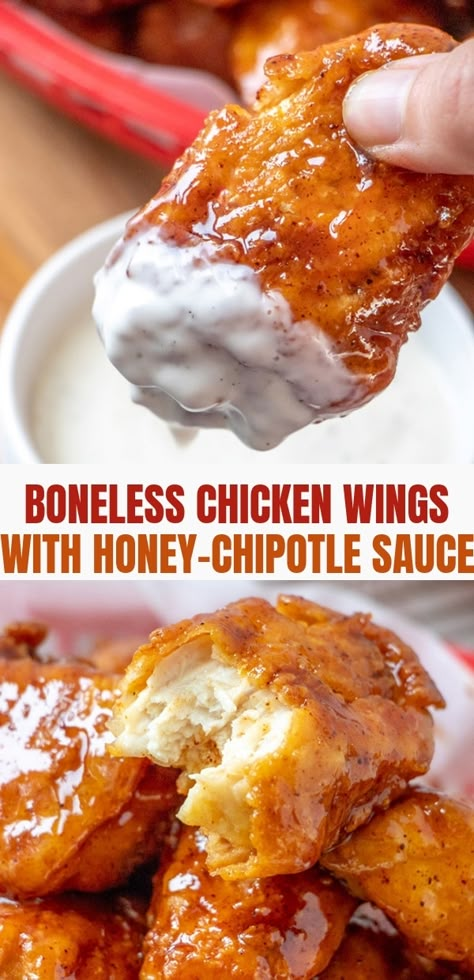 Honey Chipotle Chicken Sauce, Honey Chipotle Sauce Recipe, Boneless Wing Sauce Recipes, Boneless Wing Sauce, Boneless Chicken Wing Recipes, Sticky Wing Sauce, Spicy Boneless Wings, Honey Chipotle Chicken Wings, Honey Chipotle Wings