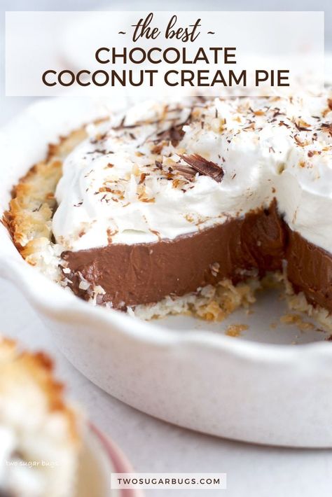 Chocolate Banana Coconut Cream Pie, Dark Chocolate Coconut Cream Tart, Chocolate Coconut Pie Recipes, Cream Pie Filling Recipes, Chocolate Coconut Desserts, Chocolate Coconut Pecan Pie, Chocolate Coconut Pie, Chocolate Coconut Cream Pie, Almond Joy Pie