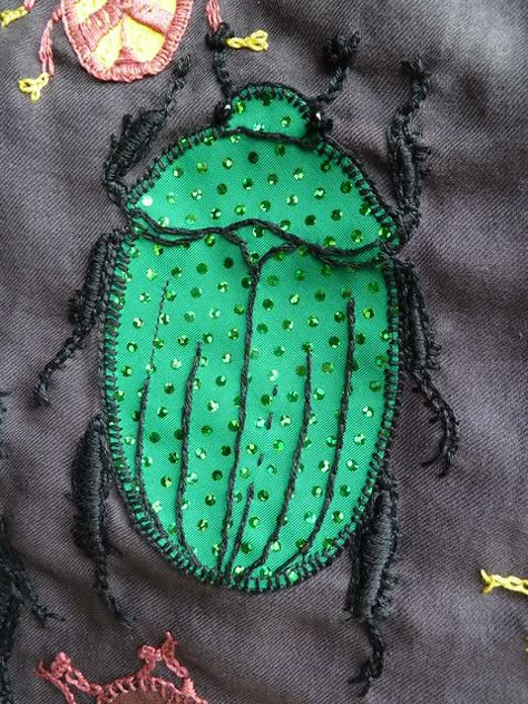 Insect Textiles, Beetle Applique, Beetle Quilt, Insect Applique, Coraline Embroidery, Beetle Shirt, Embroidery Bugs, Bug Clothes, Bug Applique