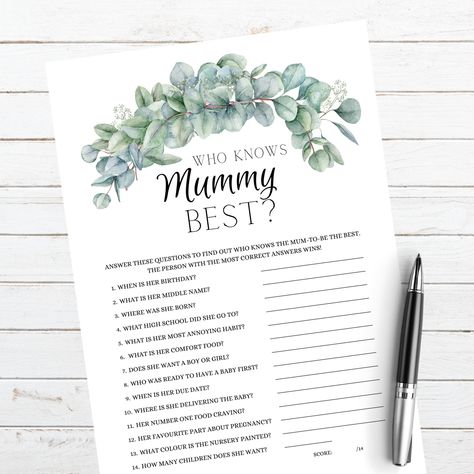 Excited to share this item from my #etsy shop: Who knows Mummy Best Game | Instant Download | Quiz | Greenery Baby Shower Game Printable | Who knows mum best G382 #babyshower #babyshowergames #printables #games #whoknowsmummybest #mumtobe #whoknowsmumbest #whoknowsmumbestprintable #whoknowsmumbestdigitaldownload #digitaldownload #babyshowerdigitaldownload Mummy Game, Mummy Games, Happy Fathers Day Photos, Best Baby Shower Game, Baby Shower Quiz, Baby Shower Twins, Baby Shower Green, Birthday Cards To Print, Rainbow Baby Shower Invitations