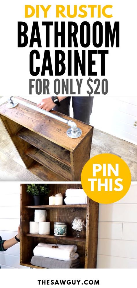 If you like rustic style interiors, you will like our next DIY project guide. Make your own rustic bathroom cabinet for only $20! Click on for our step by step guide plus a video tutorial to make things easier. Good luck! #thesawguy #diycabinet #rusticideas #rusticbathroom #rusticdecor #rusticshelf #diyshelf Rustic Bathroom Cabinet, Diy Rustic Bathroom, Tumblr Design, Rustic Bathroom Mirrors, Rustic Bathroom Lighting, Bathroom Cabinets Diy, Rustic Bathroom Vanities, Rustic Cabinets, Rustic Bathroom Designs