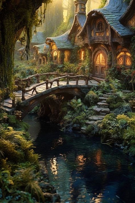 Interesting Home Exterior, Fae Architecture, Fantasy Cottage Aesthetic, Cottage Fantasy Art, Fairy Cottage Aesthetic, Thomas Kinkade Cottage, Fantasy Cottage, Beautiful Flower Garden, Forest Cottage