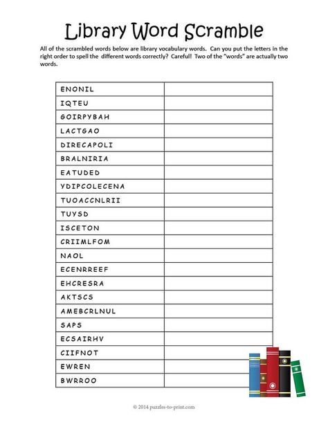 Library word scramble will help kids learn important vocabulary words, but it is also challenging enough to be fun for adults.  Free printable PDF for you. Word Games For Adults, Printable Word Games, School Library Lessons, Passive Programs, Unscramble Words, Library Lesson Plans, Library Games, School Library Displays, Library Week