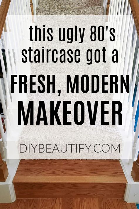 Dated 80's oak staircase to WOW! Come see this modern and fresh makeover! Ideas For Stairs Staircase Makeover, 1980s Staircase Remodel, Mid Century Stairs Design, Diy Bannister Makeover Wood, Closed Stairs Ideas, 70s Staircase Makeover, 80s Staircase Remodel, Staircase Stain Ideas, Red Oak Staircase