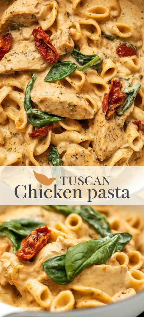 Tuscan Chicken Pasta – Indulge in the vibrant flavors of Tuscan chicken pasta! Juicy chicken, sun-dried tomatoes, and fresh spinach come together in a creamy sauce that perfectly coats al dente pasta, creating a comforting meal that's sure to impress. Asiago Chicken Pasta Sun Dried Tomatoes, Air Fryer Tuscan Chicken, Crock Pot Tuscan Chicken Pasta, Spinach White Sauce Pasta, Tucson Chicken Pasta, Cajun Chicken Pasta Sun Dried Tomatoes, Pasta Tuscan Chicken, Pena Pasta Recipes, Kale Chicken Pasta