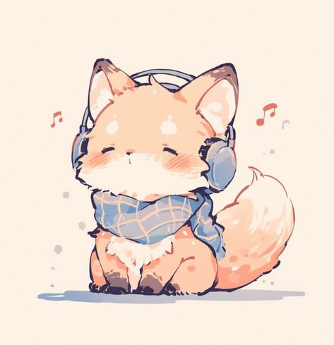 Pretty Cat Drawing, Cute Arctic Fox Drawing, Fox Icon Cute, Chibi Wolf Base, Kawaii Art Animals, Fox Anime Art, Fox With Headphones, Cute Chibi Animal Art, Cute Animal Drawings Kawaii Anime Art