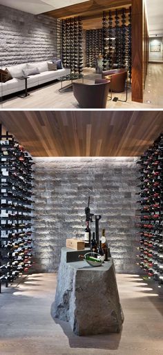 This modern wine cellar has glass walls, plenty of bottle storage, and a stone element that's been designed to be used as a table. #WineCellar #WineRoom #WineStorage Wine Degustation Design, Wine Cellar Modern, Modern Wine Cellar, Underground Cellar, Wine Room Design, Canadian House, Wine Cellar Basement, Estate Gardens, Wine Cave