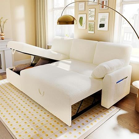 VanAcc Sleeper Sofa, Sofa Bed- 2 in 1 Pull Out Couch Bed with Storage Chaise for Living Room, Sofa Sleeper with Pull Out Bed, White Boucle Couch Pull Out Couch Bed, Modular Sofa Bed, Sofa New, Small Space Hacks, U Shaped Couch, Cozy Beds, Pull Out Couch, Sofa And Bed, Pull Out Sofa Bed