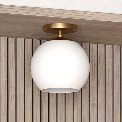 Henn&Hart Modern Semi Flush Mount Ceiling Light with White Milk Glass in Brass (SF0791) - - Amazon.com Cottage Light Fixtures, Modern Canopy, Hallway Lights, Vintage Ceiling Lights, Foyer Lighting, Cfl Bulbs, Hallway Lighting, Semi Flush Mount Lighting, White Milk Glass