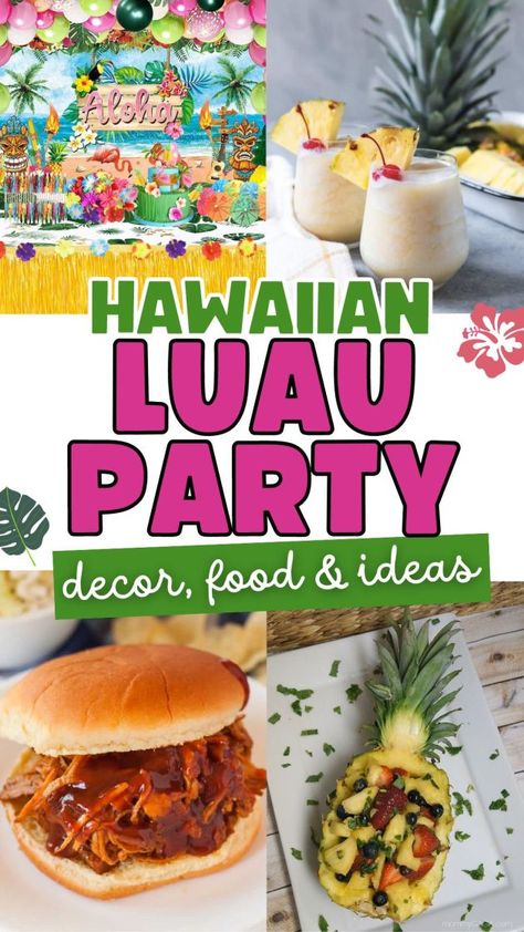 Hawaiian luau party ideas, food, drinks, decorations, invitations 60th Birthday Hawaiian Theme, Ohana Party Ideas, Tiki Luau Party Ideas, Outdoor Luau Party Ideas, Loua Party, Adult Luau Party Ideas, Hawaii Theme Party Decorations, Hawaiin Party Ideas, Hawaii Party Ideas