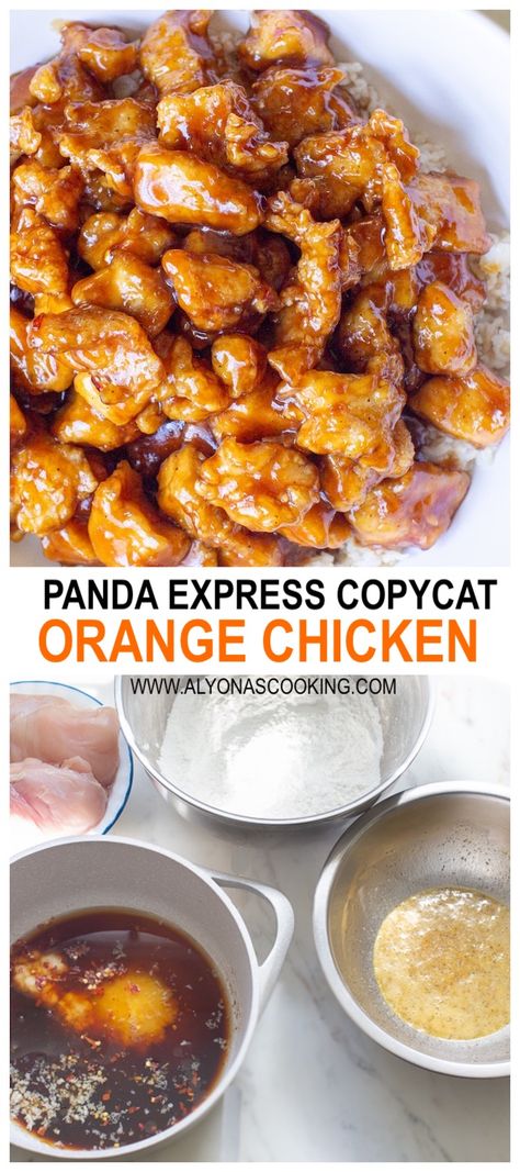 Homemade Chinese orange chicken in a sweet and citrusy glaze. Panda Express Copycat Orange Chicken, Orange Chicken Recipe With Panda Sauce, Easy Panda Express Orange Chicken, Orange Chicken And Lo Mein Recipe, Dinner Recipes Chinese Food, Orange Chicken With Panda Express Sauce, Orange Chicken Lo Mein, Kung Pao Chicken Panda Express, How To Make Panda Express Orange Chicken