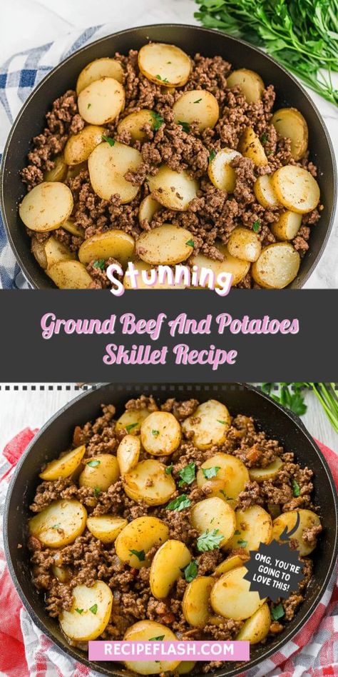 Craving comfort food that satisfies? This Ground Beef and Potatoes Skillet Recipe combines savory flavors and simple ingredients for a delightful meal. Perfect for any occasion, it’s sure to please your taste buds! Save this gem for your go-to collection of Ground Beef Recipes! Recipes To Stretch Ground Beef, Fried Potatoes And Hamburger Meat, What Can I Cook With Ground Beef, Meat And Potatoes Dinner, Recipes Using Ground Beef Quick Meals, Fried Potatoes And Ground Beef, Organic Ground Beef Recipes, Ground Beef And Kielbasa Recipes, Ground Beef And Potato Recipes For Dinner