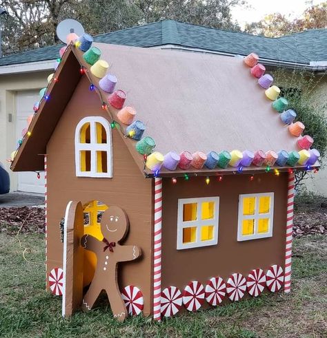 Turn Home Into Gingerbread House, Gingerbread House Kids Playhouse, Ginger Bread House Parade Float, Diy Cardboard Gingerbread House For Kids, Big Gingerbread House Template, Diy Ginger Bread Houses Cardboard, Card Board Gingerbread House Ideas, Cardboard Gingerbread House Lifesize, Cardboard Gingerbread Playhouse