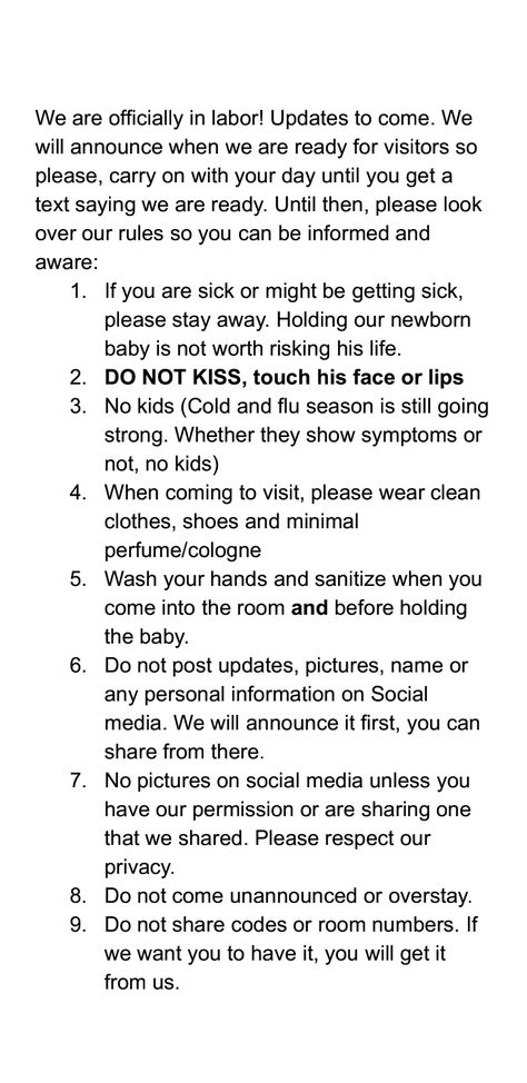 Hospital rules for visiting a newborn Hospital Birth Decoration, Visitation Rules For Newborn, Birthing Room Ideas Hospital, Labor Rules For Family, First Hospital Outfit Infants, Rules For Hospital Visitors, When Visiting A Newborn, Labor And Delivery Rules For Family, Rules When Visiting New Baby