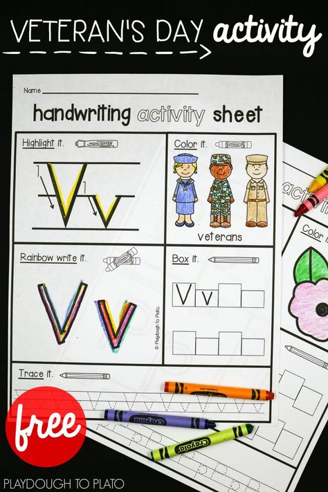 Free Veteran's Day activity sheets for preschool and kindergarten! Tree Kindergarten, November Themes, November Preschool, Practicing Handwriting, Kindergarten Writing Activities, Veterans Day Celebration, Veterans Day Activities, Playdough To Plato, Handwriting Sheets