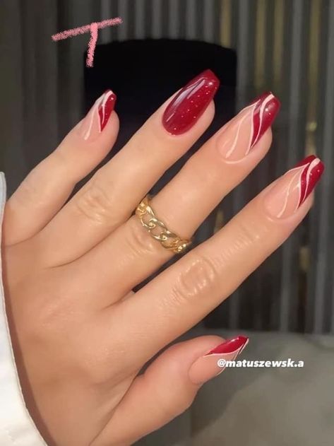 Fancy Red Nails Classy, Red And Nude Nail Designs, Swirly Nail Designs, Red Nails Ideas, Oval Nails Designs, Elegant Touch Nails, Nude Nail Designs, Fancy Nails Designs, Stylish Nails Designs